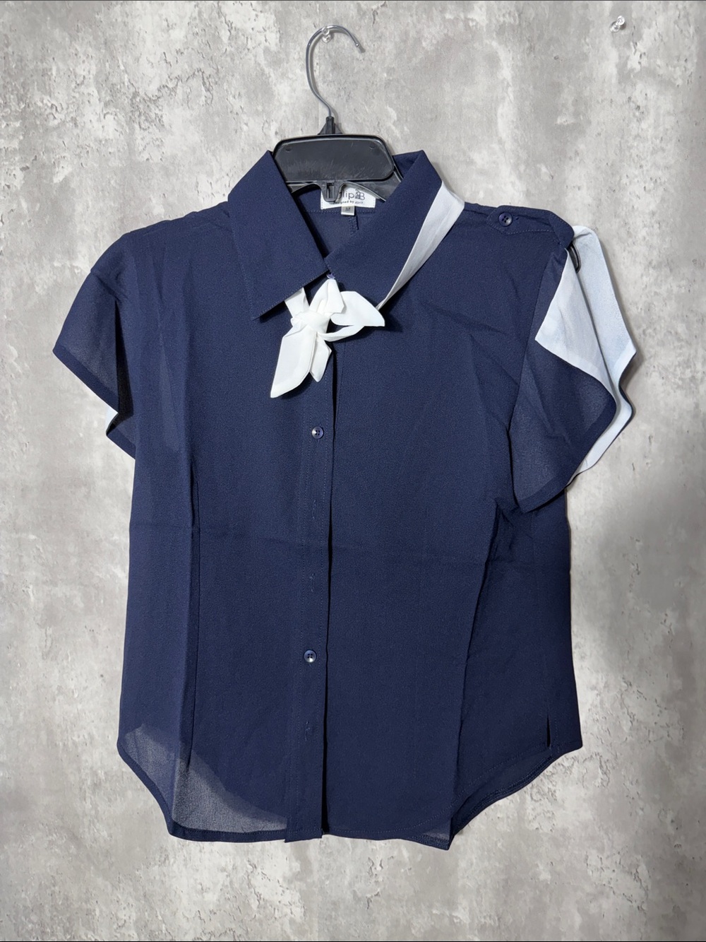 NEW Tulip B Navy Short-Sleeve Blouse with White Neck Tie